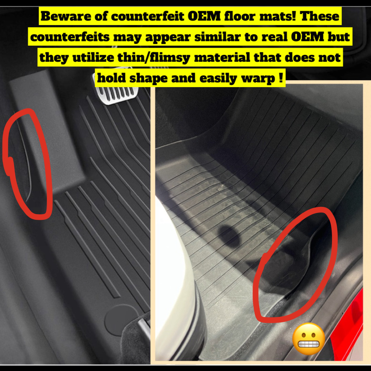 Advertised versus actual mat comparison showing side edges pulling away from the footwell